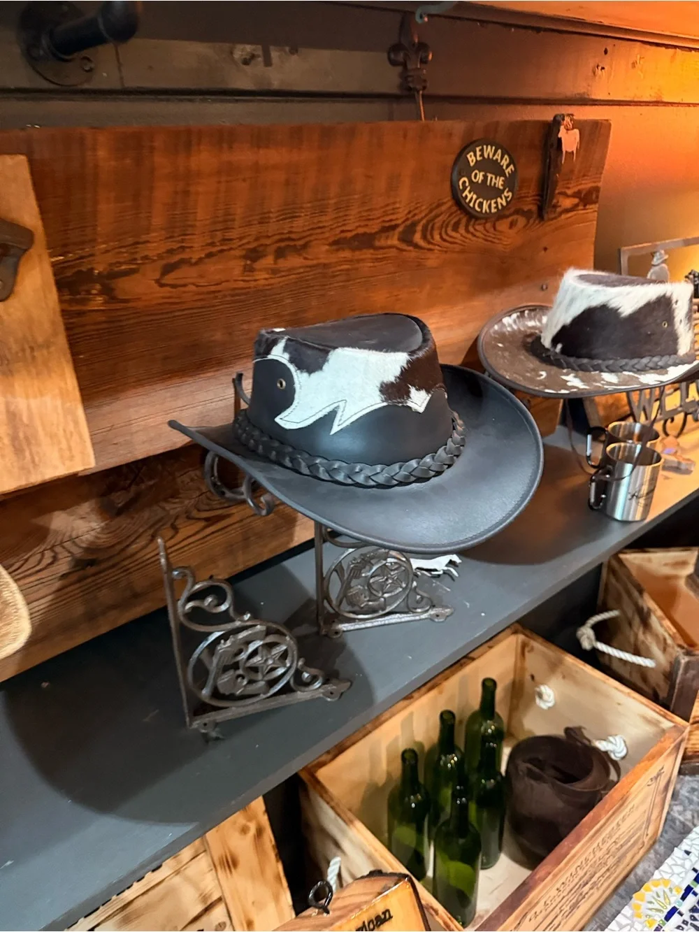 Medium & Black Leather Western Hat with Brown and Cream Hair-On Hide Trim